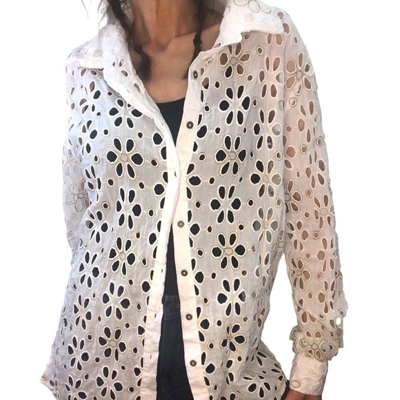 Ramy Brook Women’s S Gary White Cut Out Cover Up Top Button Down Floral Eyelet - Picture 2 of 10